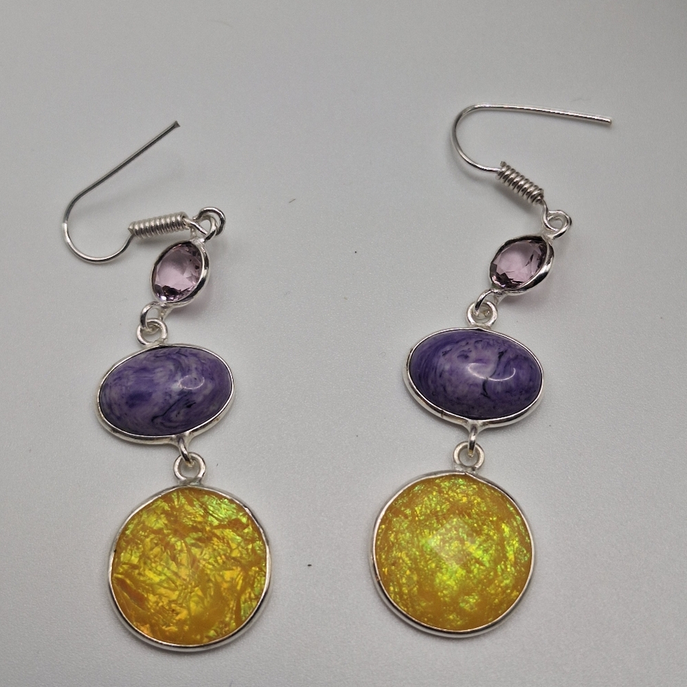 Yellow Opal Triplet Drop Earrings | Silver Plated | Handmade | 2.56”